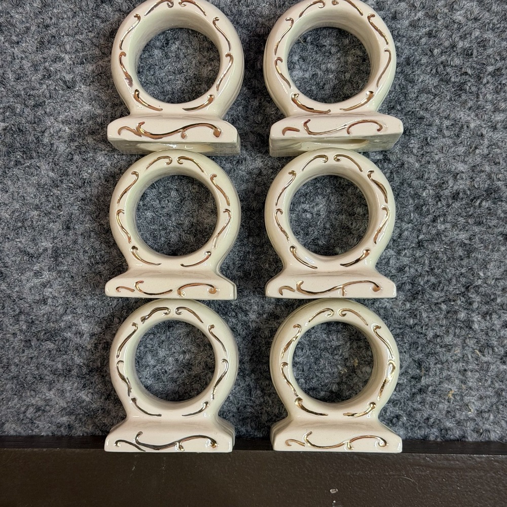 Vintage Cream And Gold Napkin Ring Holder Ceramic Glazed Pottery Set of 6